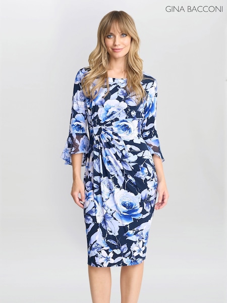 Gina Bacconi Blue Brie Floral Print Faux Wrap Dress (F48820) | €172