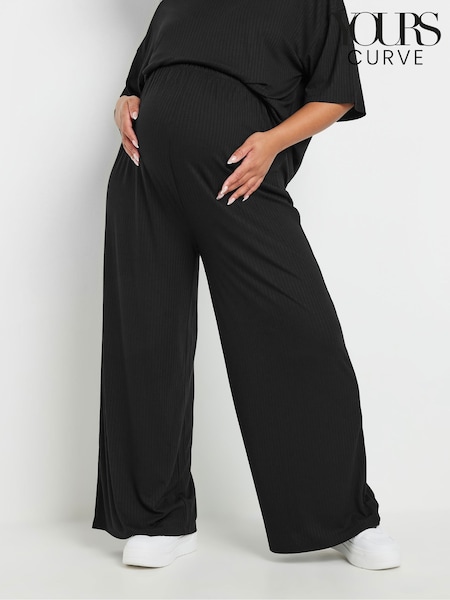 Yours Curve Black Maternity Ribbed Wide Leg Trousers (F48826) | AED163