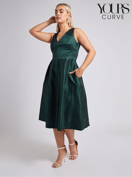 Yours Curve Green London V-Neck Pleated Dress With Pockets (F48830) | 396 QAR