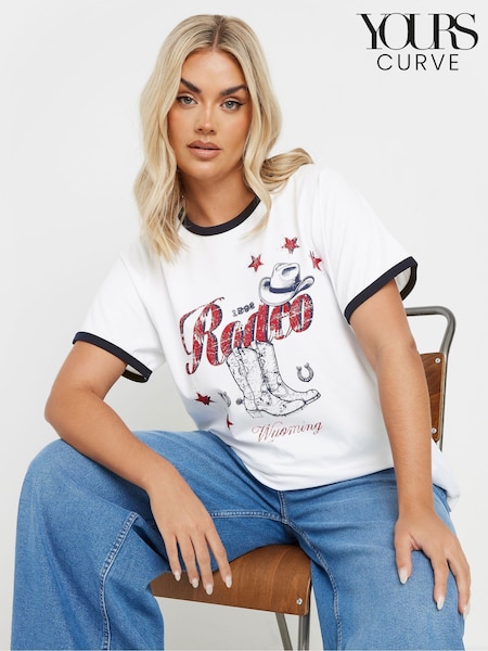 Yours Curve White 100% Cotton Placement Ringer Rodeo Cowboy T-Shirt (F48832) | €25