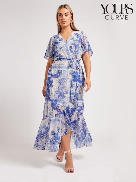 Yours Curve Blue London Scarf Print Wrap Ruffle Dress (F48841) | 346 QAR