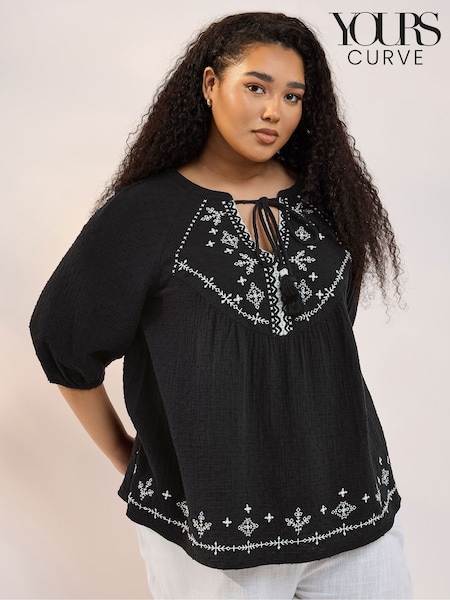 Yours Curve Black Cheesecloth 100% Cotton Blouse (F48889) | ₪196