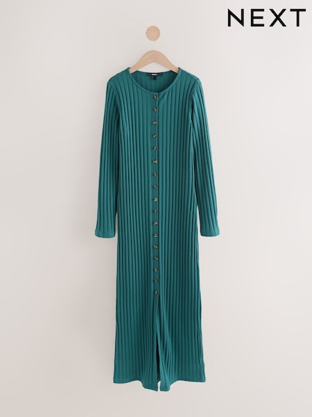 Azul azul-petróleo - Ribbed Long Sleeve Button Down Midi Dress (F48931) | R$ 340