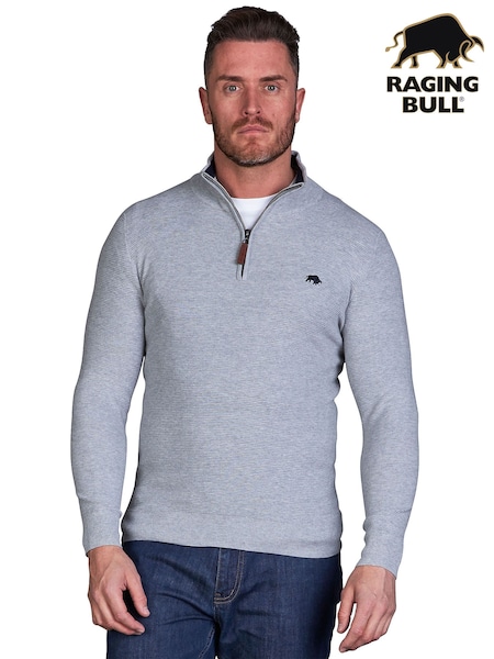 Raging Bull Grey Classic Ribbed Quarter Zip Knit 100% Cotton Sweater (F49051) | R$ 840 - R$ 940