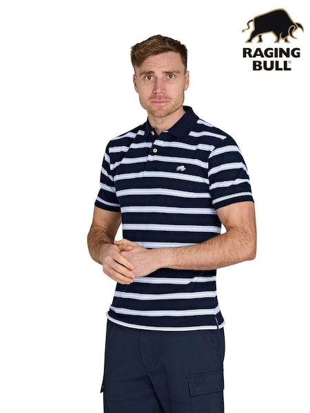 Raging Bull Blue Classic Triple Stripe Birdseye 100% Cotton Polo Shirt (F49056) | 297 QAR - 322 QAR