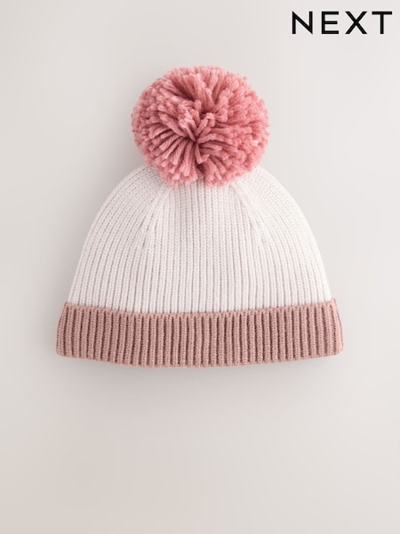 Pink/Cream Colourblock Baby Knitted Pom Beanie (0mths-2yrs) (F49068) | € 9