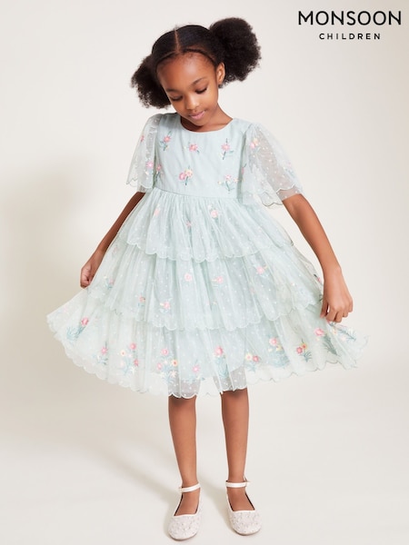Monsoon Green Floral Embroidered Tiered Tulle Dress (F49089) | $78 - $87