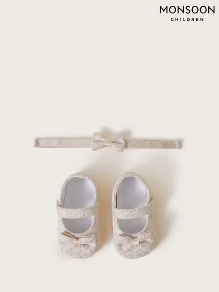 Monsoon Gold Baby Bow Jacquard Booties and Headband Set (F49115) | 89 QAR