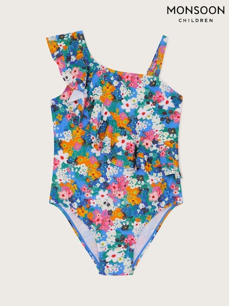 Monsoon Blue Asymmetrical Frill Floral Swimsuit (F49116) | $33 - $40