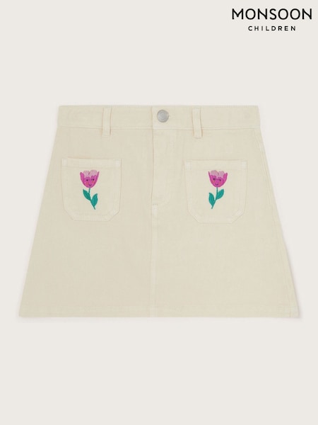 Monsoon Cream Tulip Embroidered Denim 100% Cotton Skirt (F49127) | R$ 265