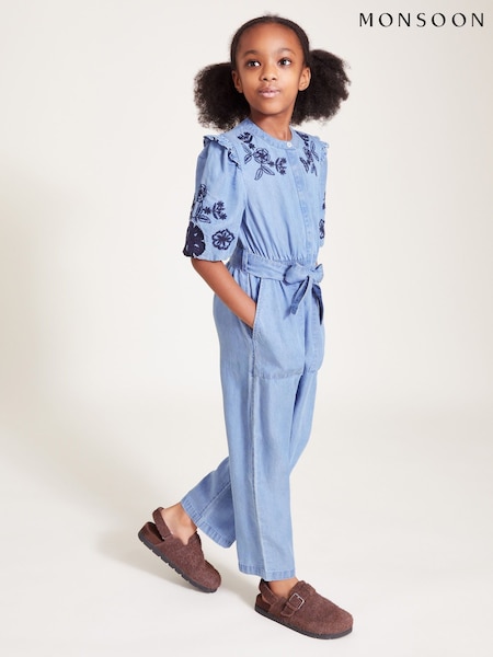 Monsoon Blue Floral Embroidered Chambray Jumpsuit (F49128) | ₪191 - ₪216