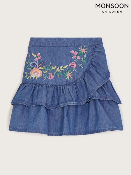 Monsoon Chambray Embroidered Ruffle 100% Cotton Skirt (F49133) | 34 € - 40 €