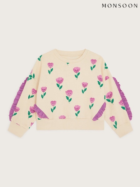 Monsoon Pink Tulip Print Frilly 100% Cotton Sweatshirt (F49149) | €30 - €36
