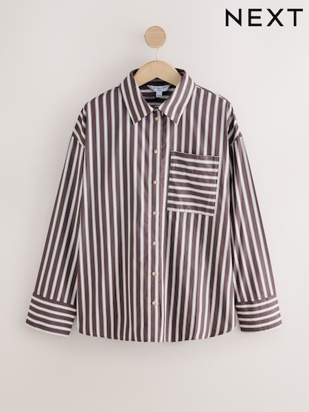 Chocolate Brown Stripe Oversized Long Sleeve Boyfriend Shirt (F49161) | 153 QAR