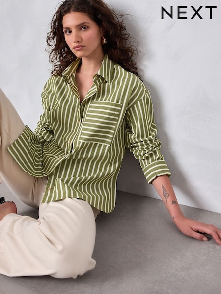 Green/White Stripe Oversized Long Sleeve Boyfriend Shirt (F49164) | AED143