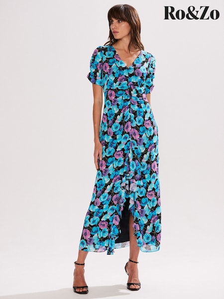 Ro&Zo Blue Floral Frill Front Midi Dress (F49169) | €244