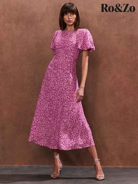 Ro&Zo Pink Print Puff Sleeve Midi Dress (F49177) | 490 QAR