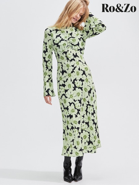 Ro&Zo Green Floral Flute Sleeve Dress (F49184) | €152