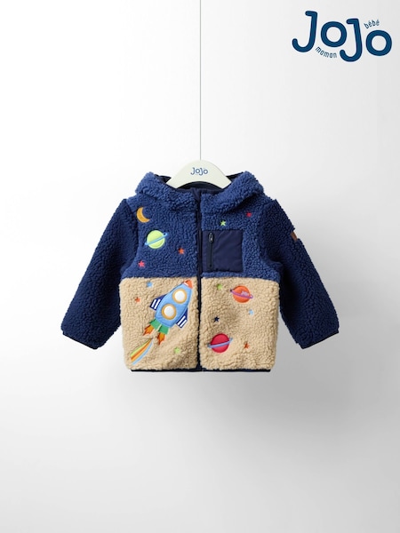 JoJo Maman Bébé Navy Blue Space Rocket Appliqué Teddy Fleece Jacket (F49212) | €64 - €74