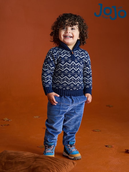 JoJo Maman Bébé Blue Fair Isle Half Zip Knit Jumper (F49214) | AZN 75 - AZN 90