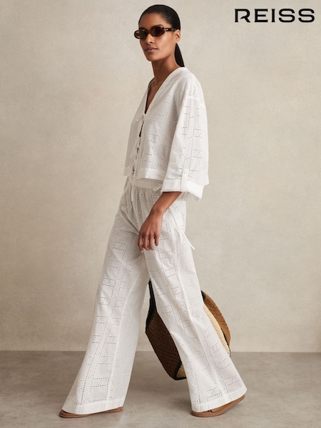 Reiss White Poppy Cotton Broderie Side-Tie Trousers (F49260) | ₪714