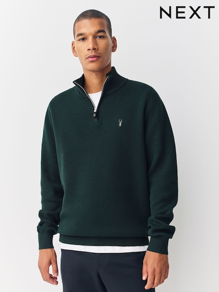 Verde escuro - Logotipo do veado - Regular Fit Premium Quarter Zip Jumper (F49272) | R$ 375