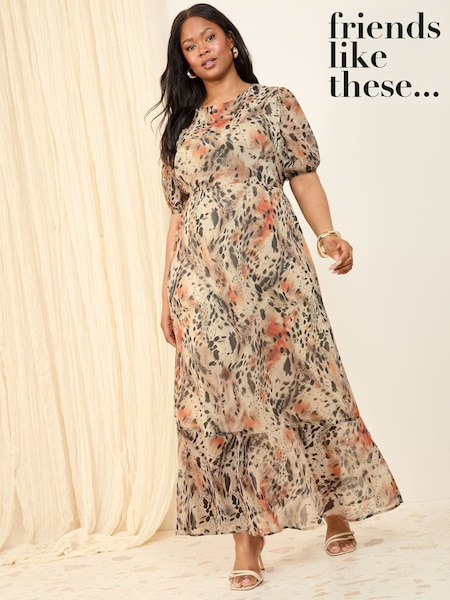 Friends Like These Brown Animal Curve Chiffon Ruched Sleeve Frill Hem Maxi Dress (F49425) | €78