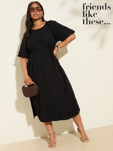 Preto - Friends Like These Puff Sleeve Raglan Tie Waist Belt Midi Dress (F49432) | R$ 445