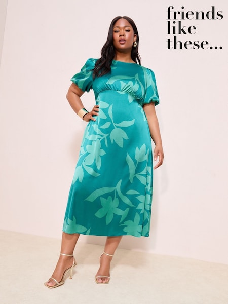 Floral verde - Friends Like These Print Satin Puff Sleeve Scoop Neck Midi Dress (F49433) | R$ 585