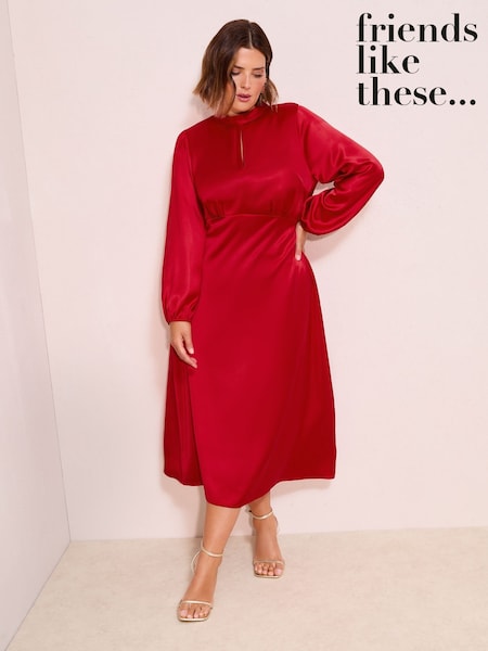 Friends Like These Red Curve Satin Long Puff Sleeve High Neck Midi Dress (F49436) | 243 QAR