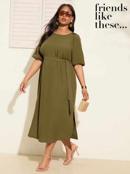 Verde cáqui - Friends Like These Puff Sleeve Raglan Tie Waist Belt Midi Dress (F49440) | R$ 445