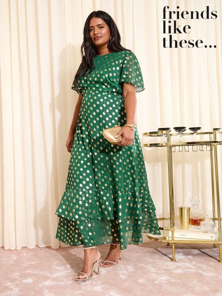 Friends Like These Green Curve Foil Spot Short Sleeve Chiffon Tiered Maxi Dress (F49446) | €83