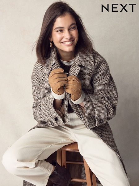 Tan Brown Leather Sheepskin Gloves (F49485) | R$ 340