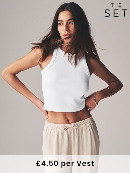 The Set Black/White/Black Stripe/Taupe Brown Crop Ribbed Racer Vests 4 Pack (F49608) | €26