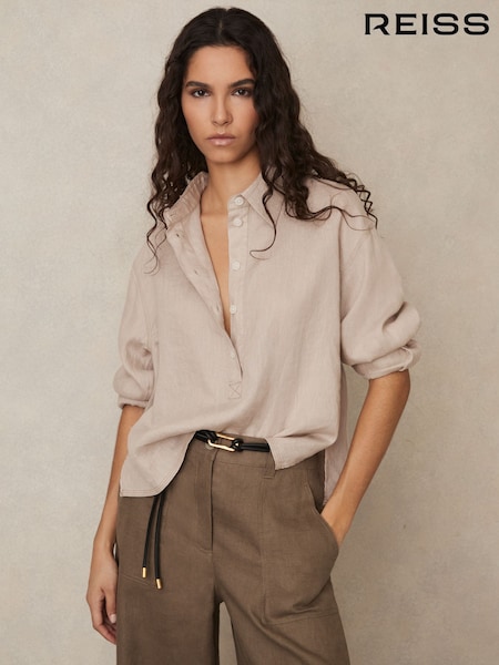 Reiss Neutral Nina Linen Overhead Open-Collar Shirt (F49723) | €160