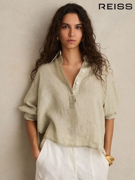 Reiss Sage Nina Linen Overhead Open-Collar Shirt (F49726) | €160