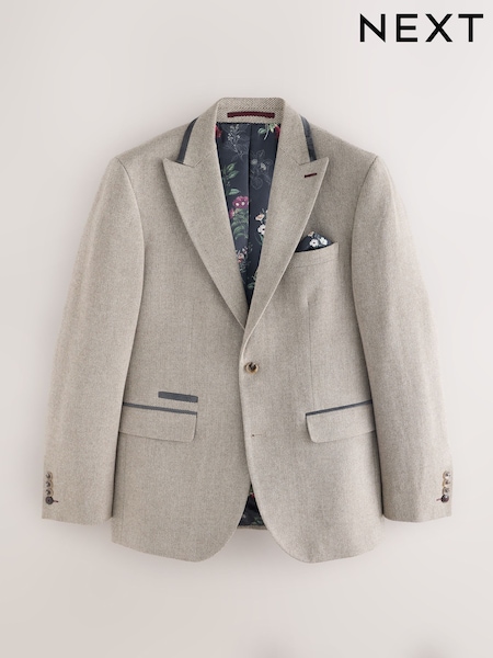 Neutral Slim Fit Trimmed Textured Wool Blend Suit Jacket (F49763) | €136