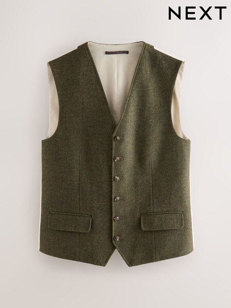 Green Herringbone Wool Blend Suit Waistcoast (F49768) | R$ 480