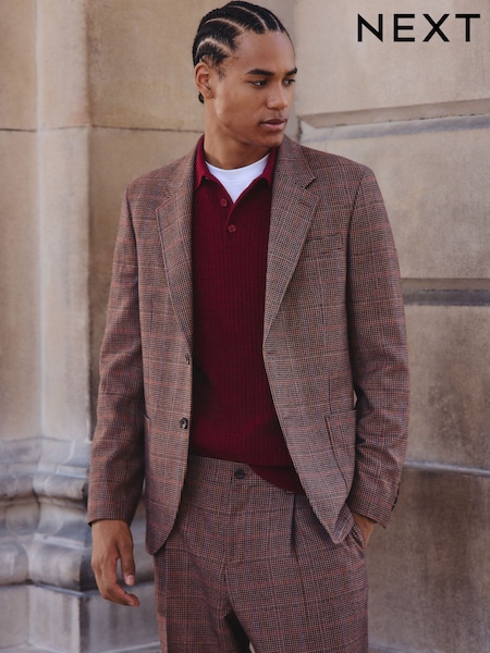 بني فاتح/أحمر - Slim Fit Wool Blend Check Suit Jacket (F49777) | ‏499 د.إ.‏
