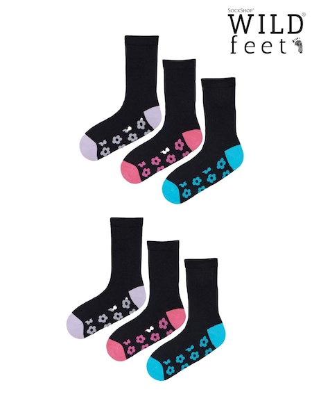 Wild Feet Black Bamboo Viscose Flower Print Sole Crew Socks (F49835) | €20