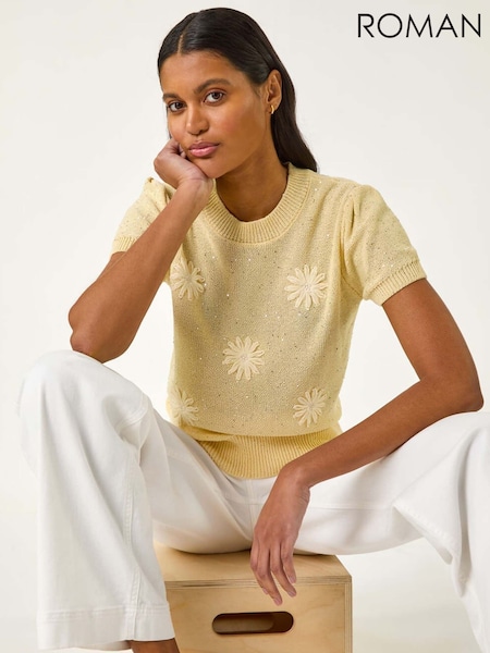 Roman Yellow Daisy Sequin Embroidered Knit Top (F49857) | €53
