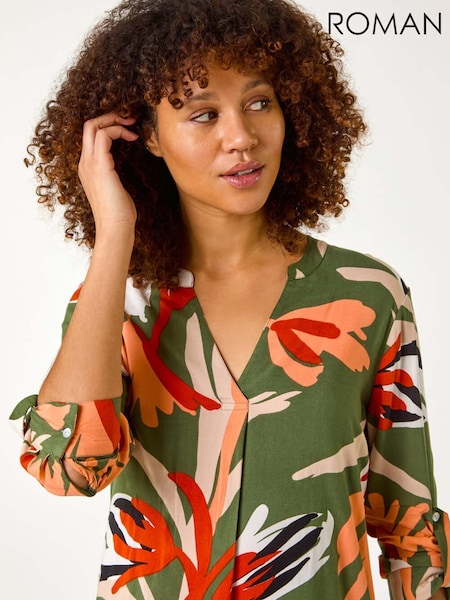 Roman Green Abstract Print Pleat Detail Top (F49869) | AED291
