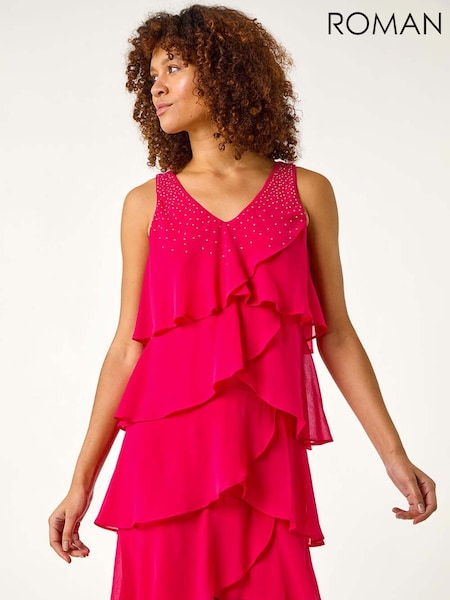 Розовый - Roman Embellished Hotfix Tiered Chiffon Dress (F49872) | €86