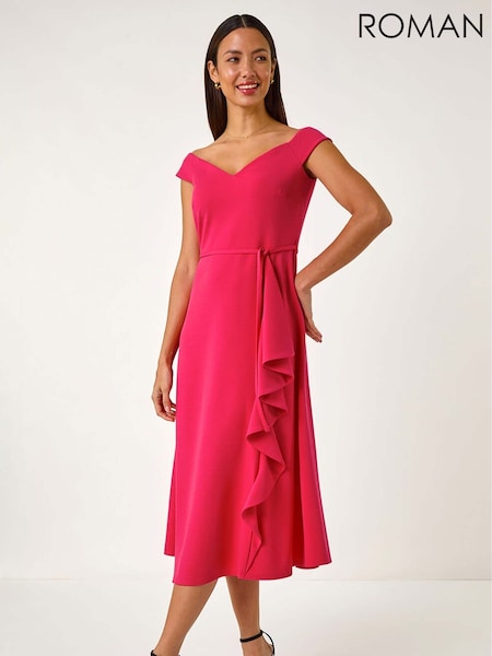 Vaaleanpunainen - Roman Bardot Ruffle Wrap Dress (F49886) | €102