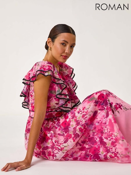 Roman Pink Floral Print Bardot Organza Midi Dress (F49929) | €113