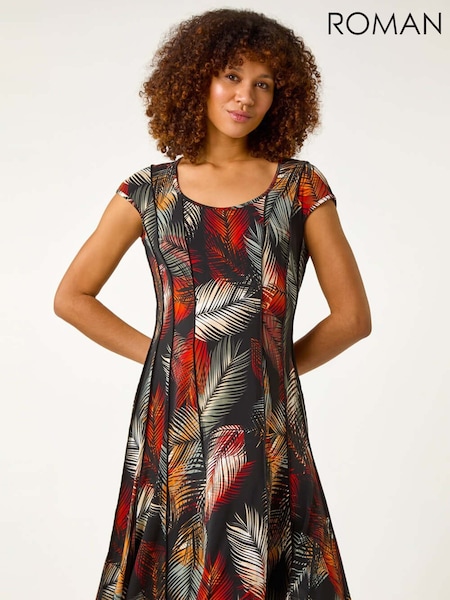 Roman Green Palm Print Panel Detail Stretch Dress (F49960) | R$ 605