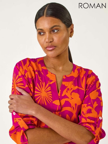 Roman Pink Bolt Floral Print Pleat Front Top (F49966) | AED306