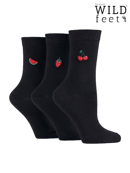 Wild Feet Black Bamboo Embroidered Crew Socks (F50046) | ₪60