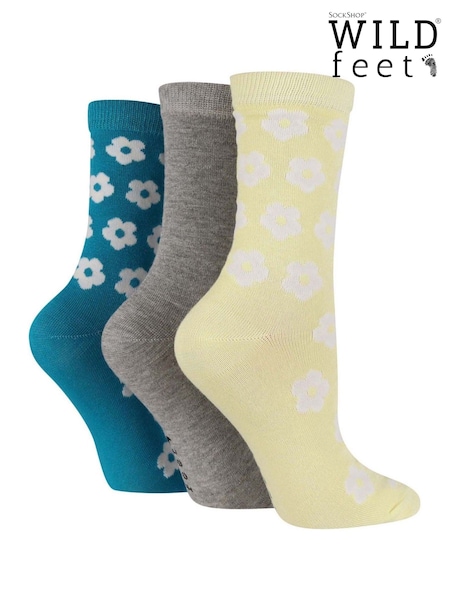 Wild Feet Yellow Bamboo Flower Crew Socks 3 Pack (F50059) | ₪60