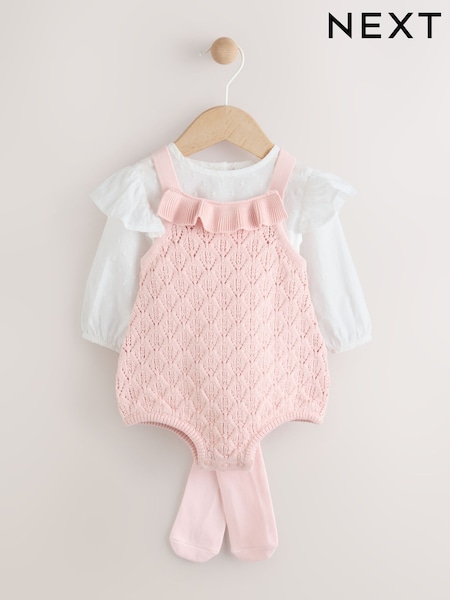 Pink/ White Baby Romper and Knitted Dungarees with Tights 3 Piece Set (0mths-2yrs) (F50080) | 124 QAR - 134 QAR